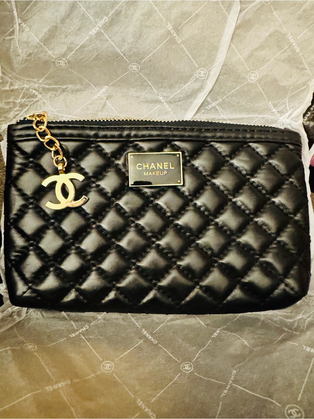 CHANEL Black Quilted Makeup Pouch with Gold CC Charm - Picture 2 of 4